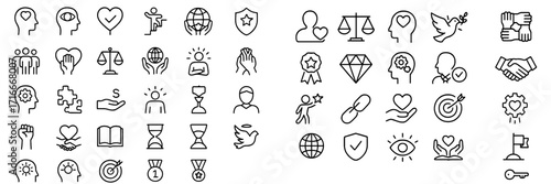 Diverse symbols representing unity, justice, success, and compassion in a modern graphic design layout