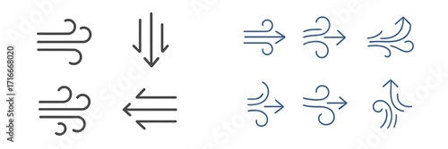 Variations of wind symbols representing different directions and intensities for design purposes