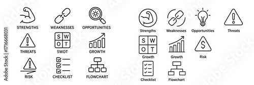 SWOT analysis and business strategy icons illustrating key concepts for growth and risk management in a modern workplace