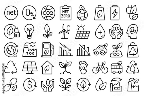 Environmental icons representing sustainability concepts and clean energy initiatives in a grid format