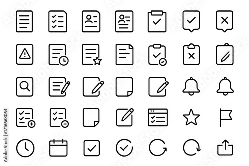 Checklist icons in black and white design with various symbols and elements for tasks and organization
