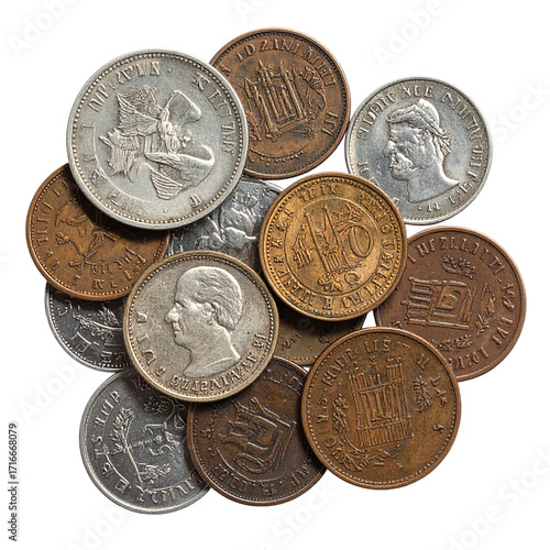 Pile of Old Coins Featuring Various Monarchs and Coat of Arms Designs An Intriguing Collection of Historical Currency