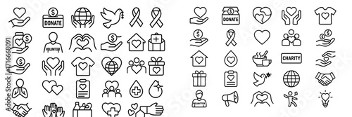 Icon collection showcasing various symbols related to charity, donation, and volunteerism in a simple black-and-white design