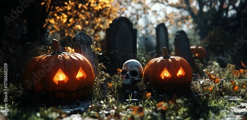 Spooky Halloween Scene With Carved Pumpkins and Skull in a Graveyard at Twilight