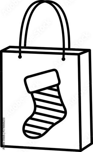 Christmas shopping bag with sock pattern outline vector.
Christmas gift bag icon.
Transparent background.