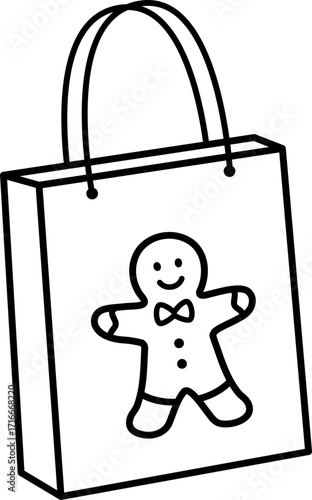 Christmas shopping bag with Gingerbread Man pattern outline vector.
Christmas gift bag icon.
Transparent background.