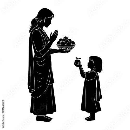 Woman offering fruit to child bowl