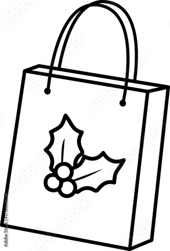 Christmas shopping bag with holly pattern outline vector.
Christmas gift bag icon.
Transparent background.