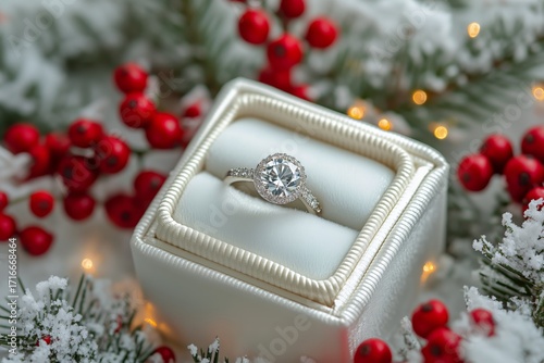 Engagement Ring Displayed on Soft Fabric Surrounded by Red Berries and Snow