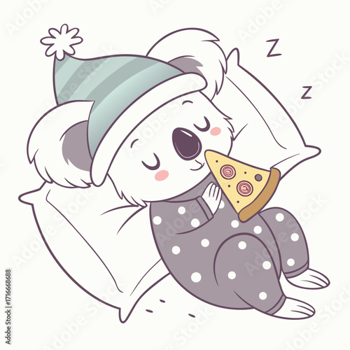 Adorable koala in pajamas and hat sleeping with pizza slice animal