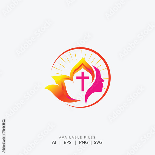 Abstract cross and flame church logo, Spiritual faith and worship logo design, Modern Christian ministry brand identity