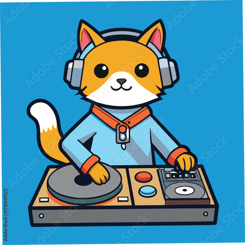Cartoon fox DJ wearing headphones and playing on turntables Keywords: fox, dj, music, headphones