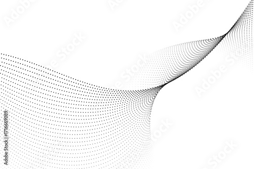 Digital particles, smooth flow of gradient dots shaping abstract wave. Concept of technology, internet data, futuristic motion, and dynamic background.