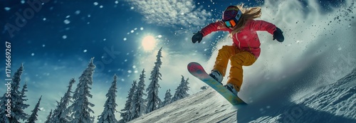 Snowboarder Executing a Jump in a Winter Landscape Under a Bright Sun