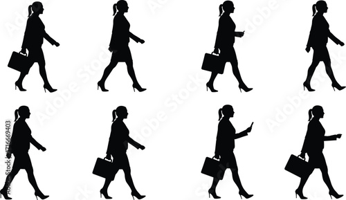  Vector silhouettes of diverse businesswomen walking with confidence, depicting career success and professional life.