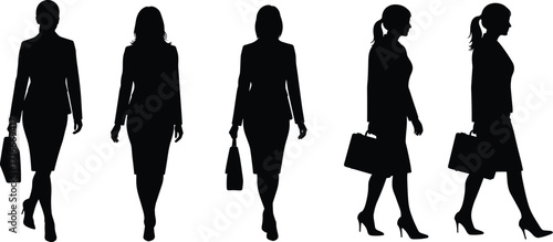  Vector silhouettes of diverse businesswomen walking with confidence, depicting career success and professional life.