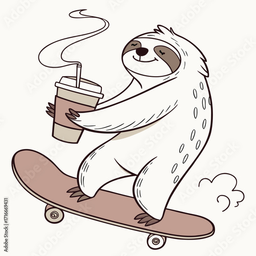 Cartoon sloth riding a skateboard with a coffee cup Keywords: sloth, skateboarding, coffee, drink, cup