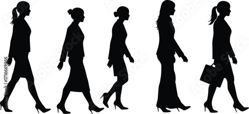  Vector silhouettes of diverse businesswomen walking with confidence, depicting career success and professional life.