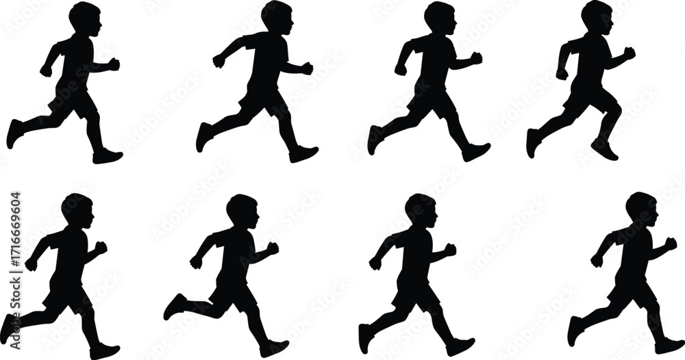 Naklejka premium Vector silhouettes of a runner in various poses, illustrating speed, fitness, and sport.