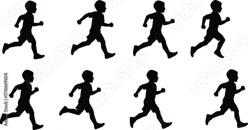 Vector silhouettes of a runner in various poses, illustrating speed, fitness, and sport.