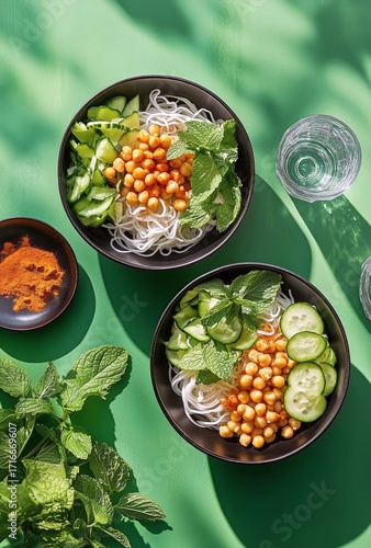 Chickpea and Noodle Salad Served With Fresh Vegetables and Herbs on Green Table.