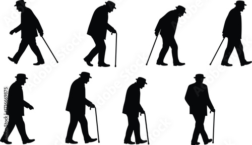 Vector silhouettes of a senior man with a cane, depicting mobility, aging, and old age.