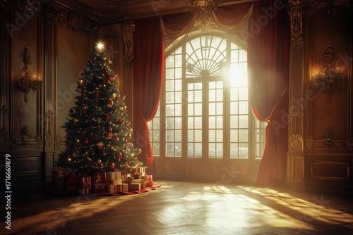 Festive Christmas Tree Adorned With Decorations and Gifts in an Elegant Room ...
