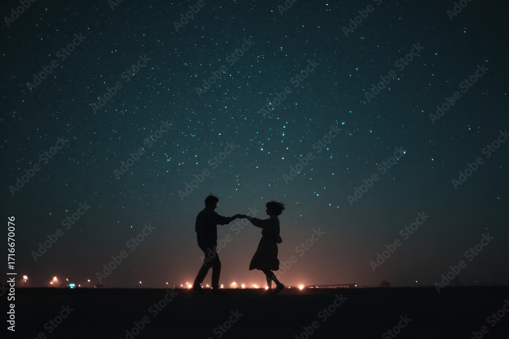Fototapeta premium Silhouette of couple dancing under starry night sky Romantic night scene Dark background Night photography