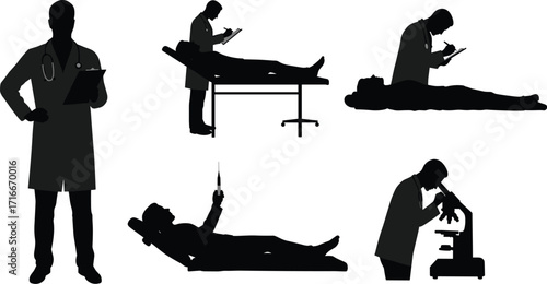 Vector silhouettes of diverse healthcare professionals, including nurses and doctors, holding clipboards and stethoscopes.