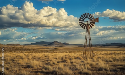 Windmill Stands Tall in Open Fields Under a Vibrant Sky Filled With Clouds at...