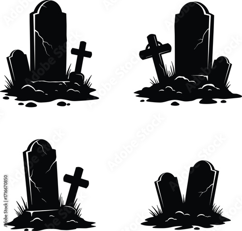 Four silhouette graveyard scenes with tombstones and crosses for spooky designs