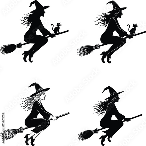 Four silhouette images of a witch flying on a broomstick with her cat companion