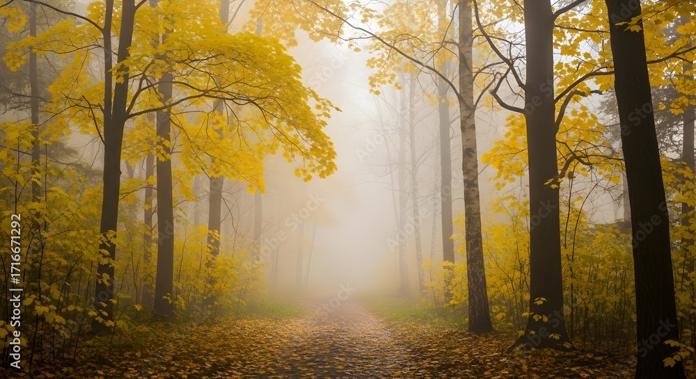 Fototapeta premium A misty forest path lined with vibrant yellow autumn leaves and tall trees