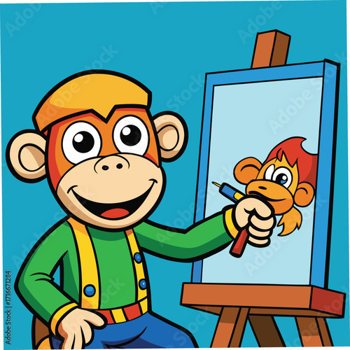 Monkey artist painting a self-portrait on canvas with blue background easel