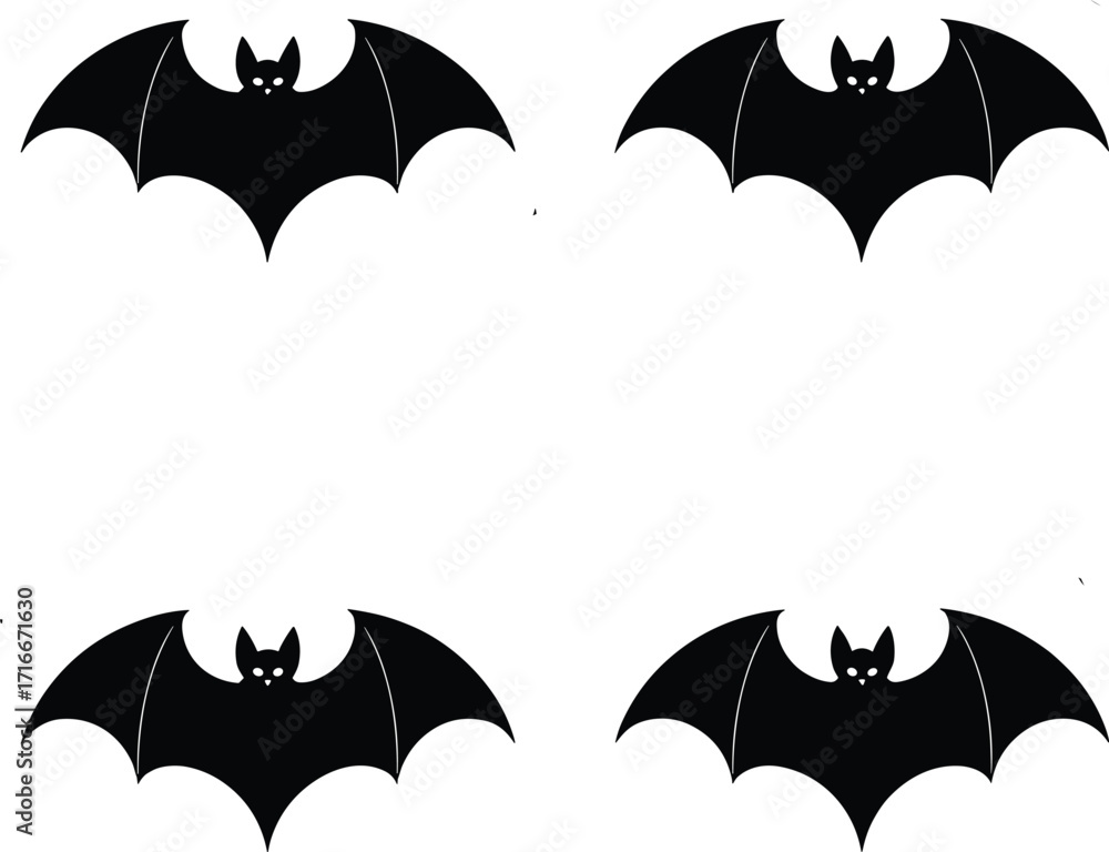 Fototapeta premium Four spooky black bat silhouettes flying in a grid for halloween decorations and designs