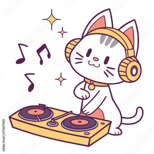 White cartoon cat DJ with yellow headphones plays music on turntables Keywords: cat, kitten, dj, music