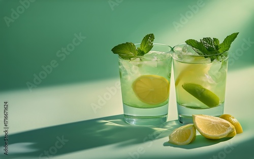 Refreshing Mojitos Served in Tall Glasses With Lime and Mint on a Green Backg...