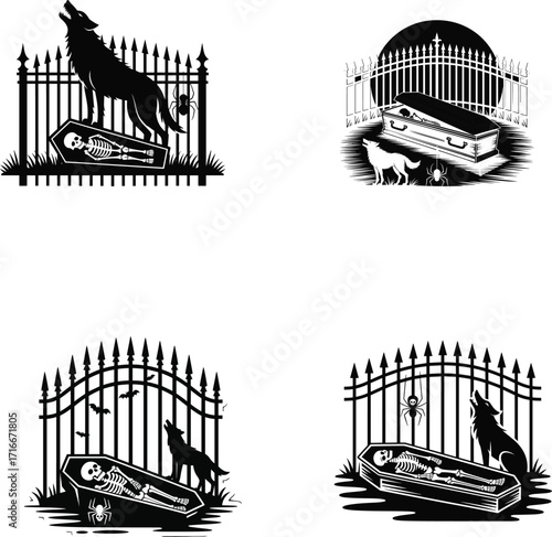 Four spooky cemetery scenes with silhouetted wolves and caskets for halloween decor