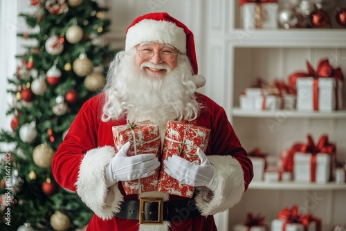Santa Claus Holds Colorful Presents Near a Decorated Christmas Tree in a Cozy...