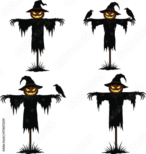 Four spooky halloween scarecrows with crows and pumpkin heads for festive decorations