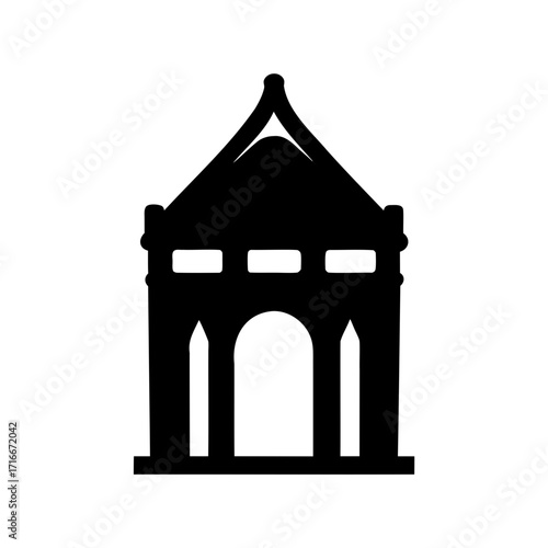 Black and white icon depicting a symmetrical structure with an arched entrance