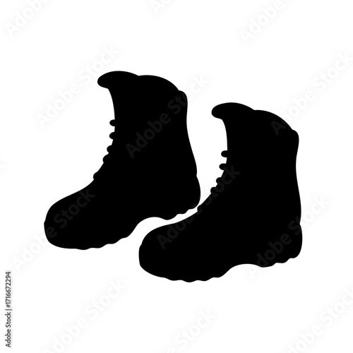 Silhouette of two high top combat or hiking boots on white background