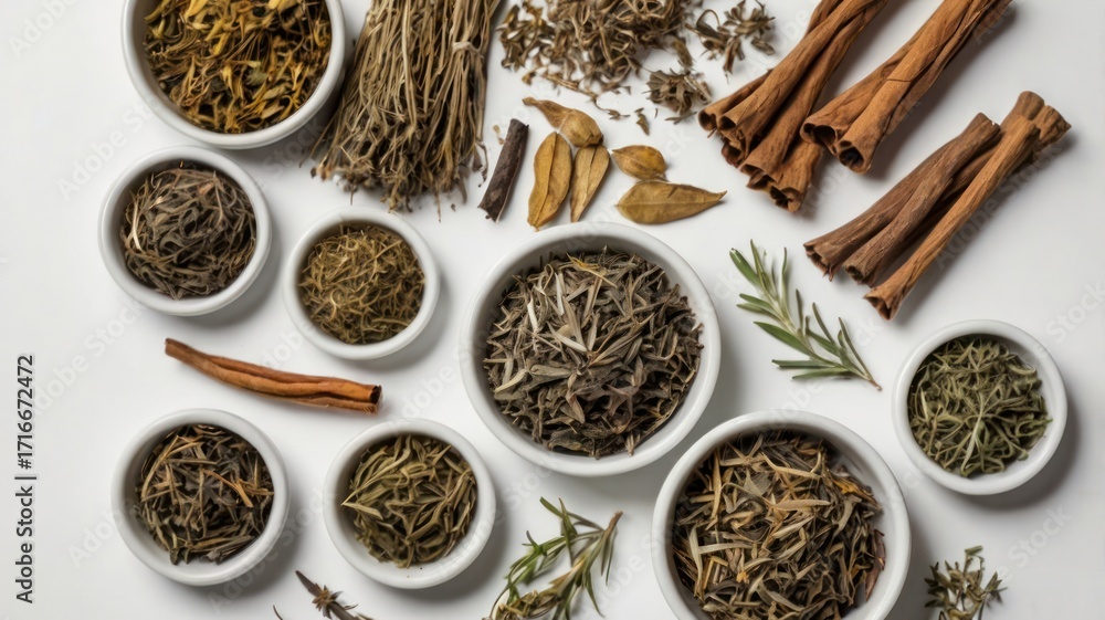 Fototapeta premium Various dried herbs and spices in small white bowls arranged on a white surface, showcasing a collection of natural culinary and medicinal ingredients.