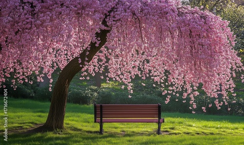 Cherry Blossom Tree With Pink Flowers Beside a Park Bench in a Peaceful Green...