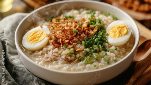 Labor Day in the Philippines (May 1) Delicious chicken congee with boiled eggs and fried onion topping