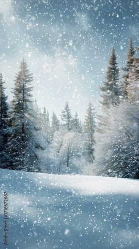 Winter Snow Falls Over Tranquil Forest Landscape in a Serene Snowfall