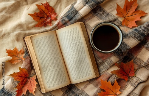 Cozy Autumn Scene With a Warm Drink, Book, and Colorful Leaves.