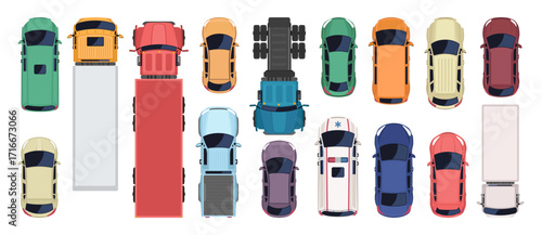 Top view vector illustration of cars, trucks and ambulance
