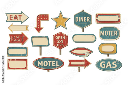 Classic American Signboards – Retro Vintage Style Vector Set with Old-School Typography, Roadside Signs, Cafe, Motel, and Gas Station Designs