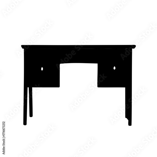 Monochrome Silhouette of a Wooden Desk with Drawers and Simple Design